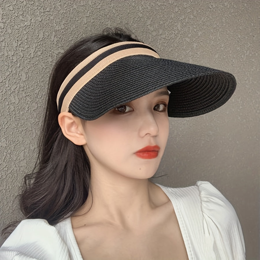 Sunscreen Straw Visor Hat Wide Brim UV Protection Ponytail Sun Hat