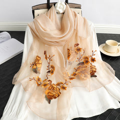 Colorful Flower Embroidery Silk Scarf Windproof Wrap