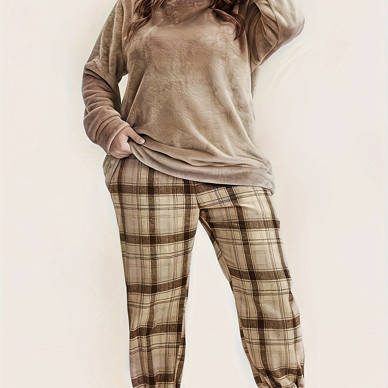  Flannel Top & Plaid Print Joggers Pajama Set