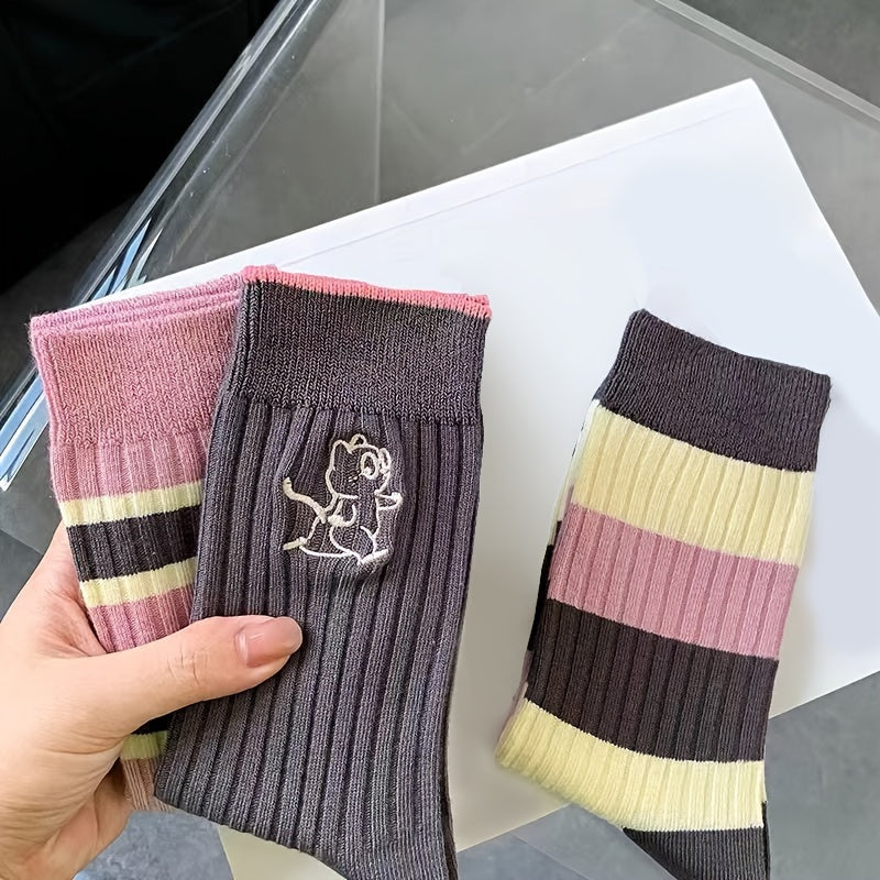 3 Pairs Striped Crew Socks Mid Tube Women's Stockings