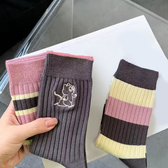 3 Pairs Striped Crew Socks Mid Tube Women's Stockings