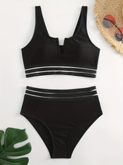 Mesh Trim Bikini Set V Neck High Rise 2 Piece Swimsuit Women's Swimwear