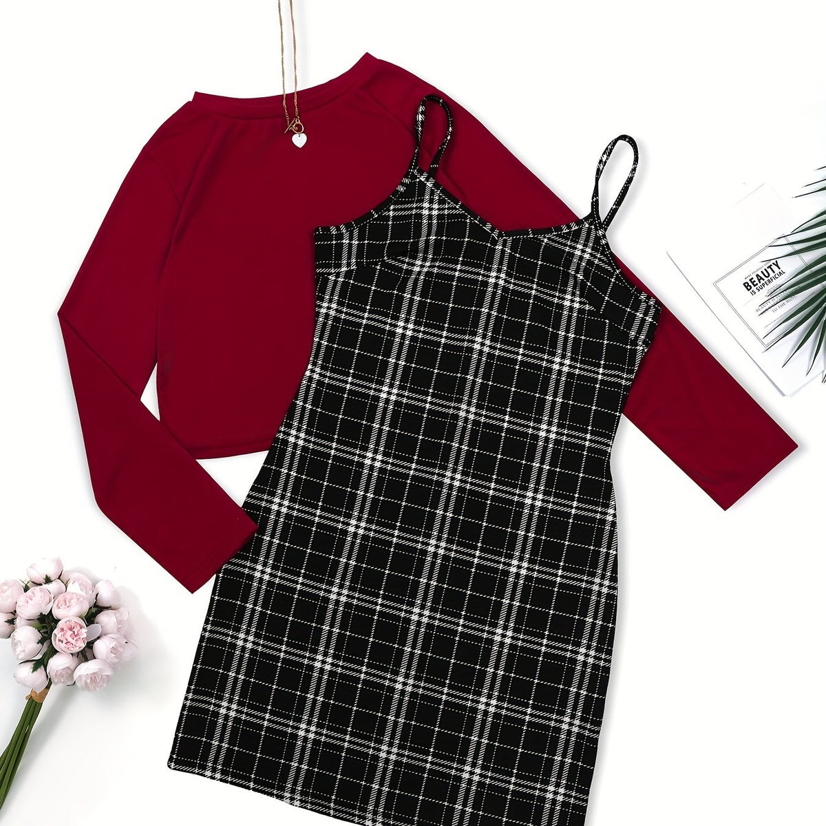 Preppy Two-piece Set Solid Long Sleeve Tops & Plaid Print Dress