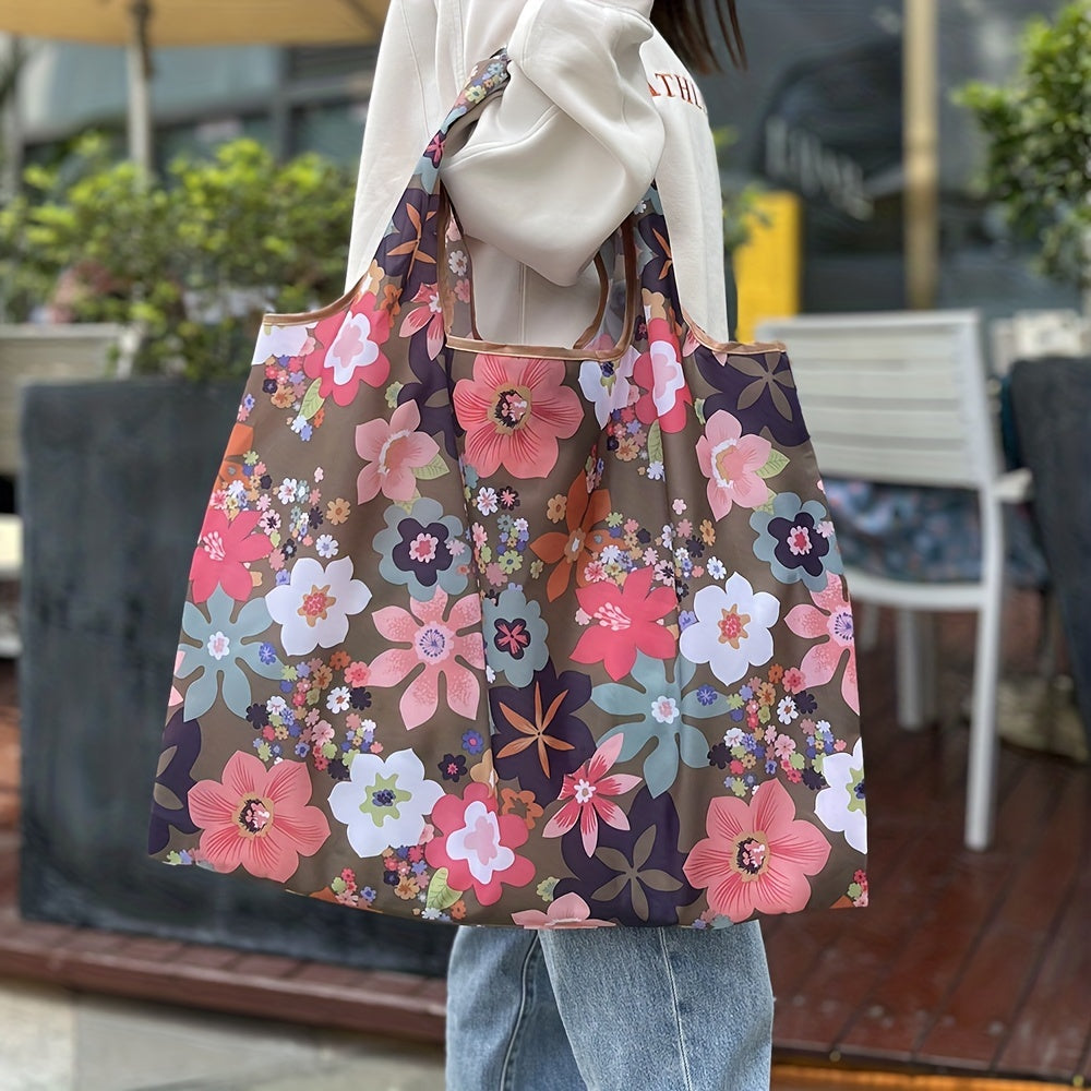 Flower Print Nylon Tote Bag Reusable Grocery Shopping Bag