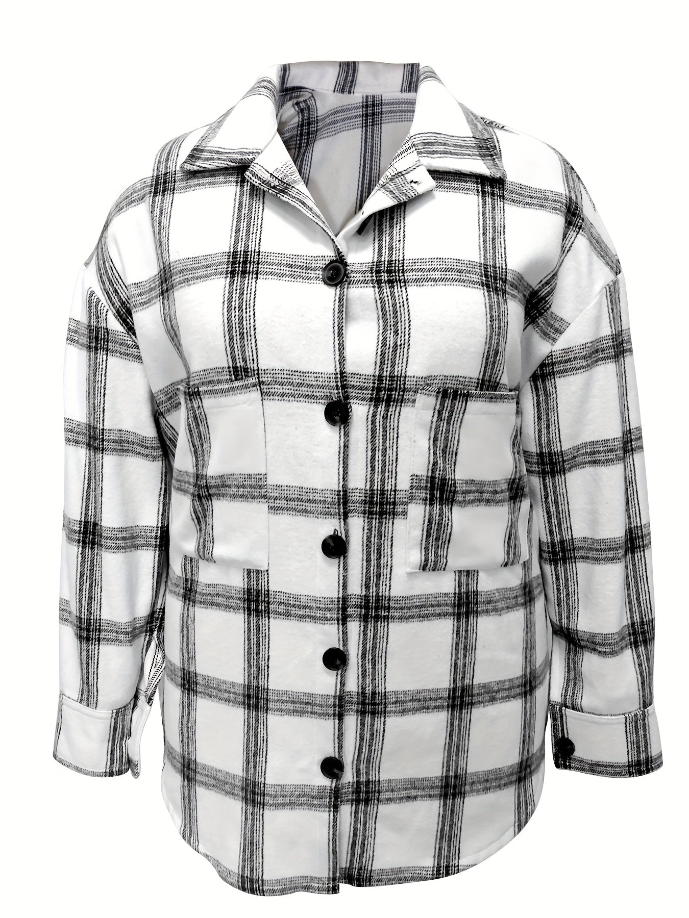  Plaid Print Button Up Long Sleeve Shacket