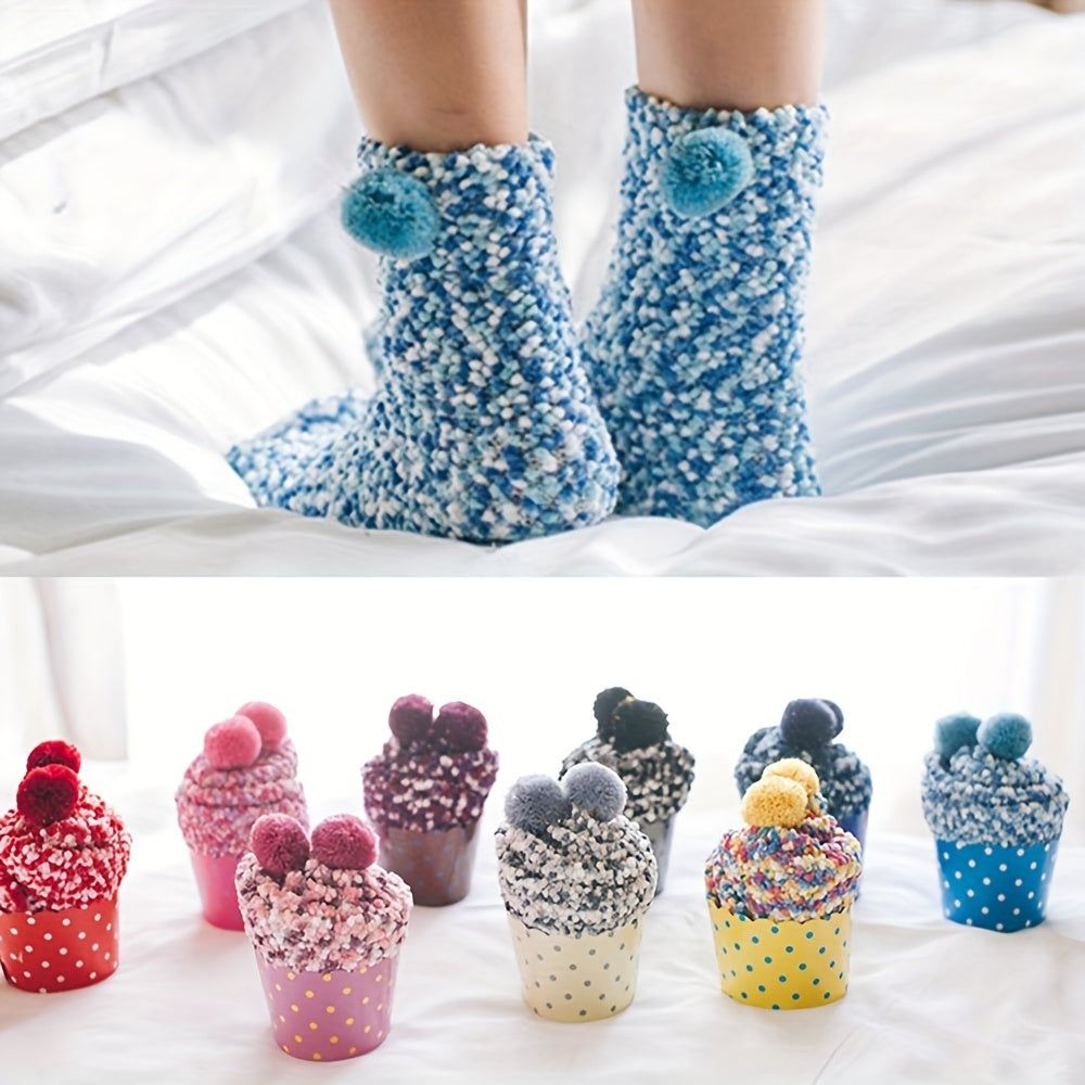 Fuzzy Pompom Socks Thick Cozy Floor Stockings
