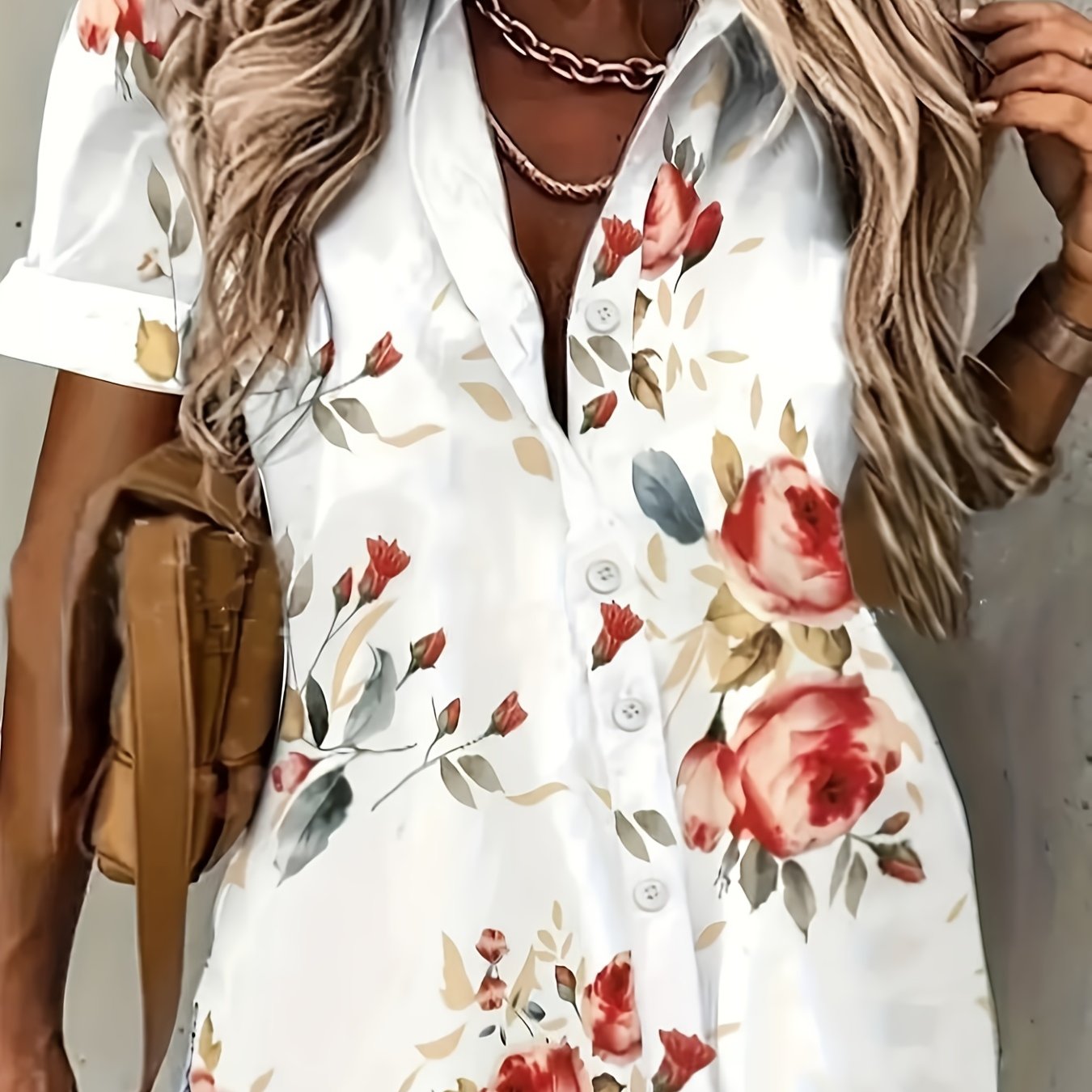 Floral Print Button Up Short Sleeve Blouse