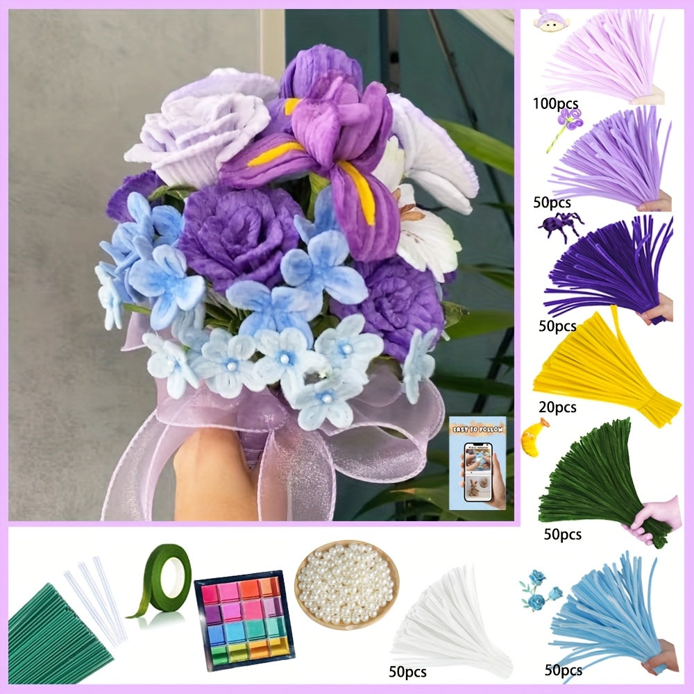 Pipe Cleaner Flower Craft Kit 7 Colors Powder Pearls Chenille Stalk Tutorial