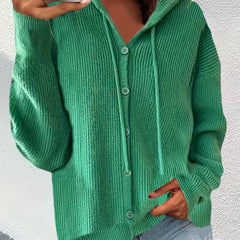  Solid Button Up Hooded Cardigan