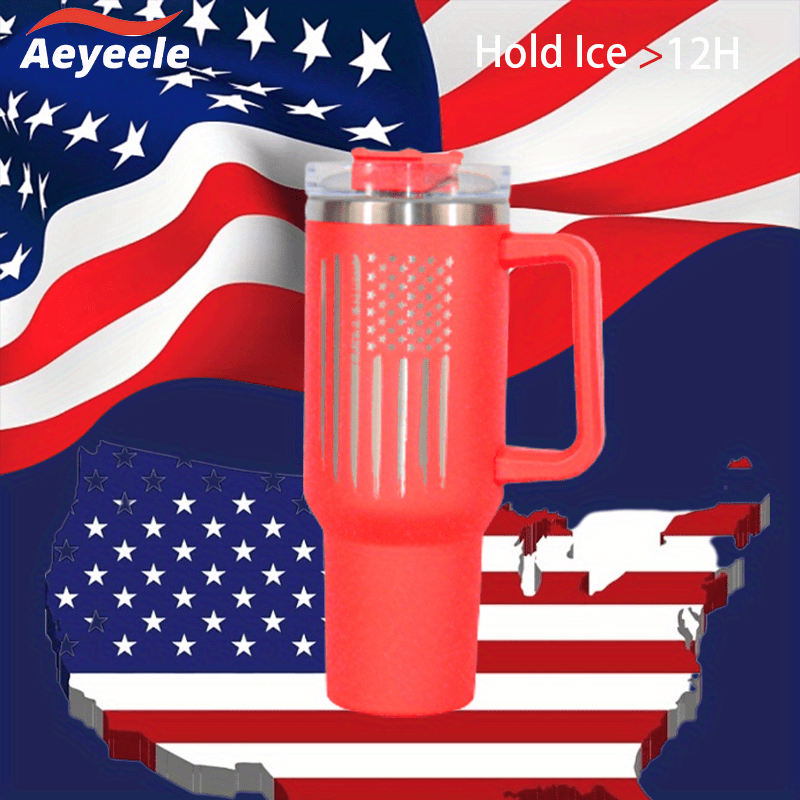 Laser Flag Tumbler 40oz Vacuum Insulated Cup Straw Lid Handle Portable