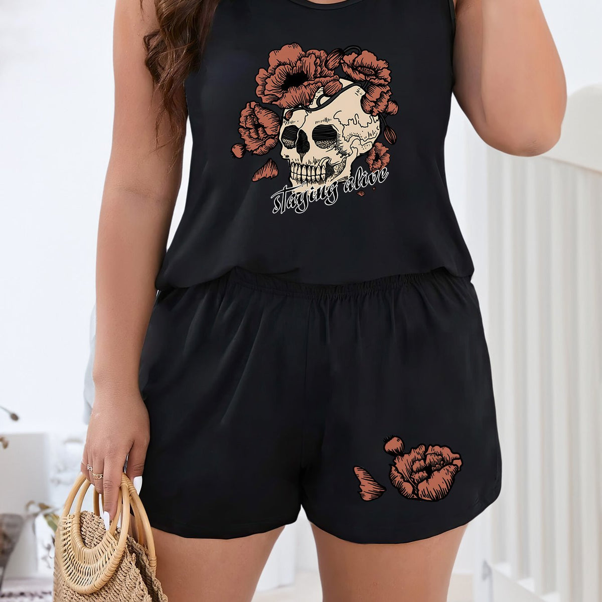  Gothic Loungewear Set Floral Skull Tank Top & Shorts Pajama
