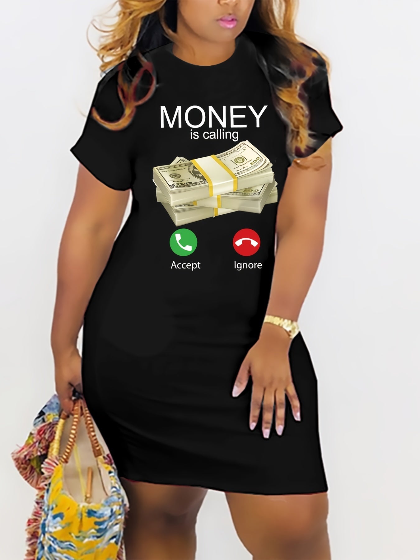  Letter & Graphic Print Short Sleeve Tee Dress Women's Plus