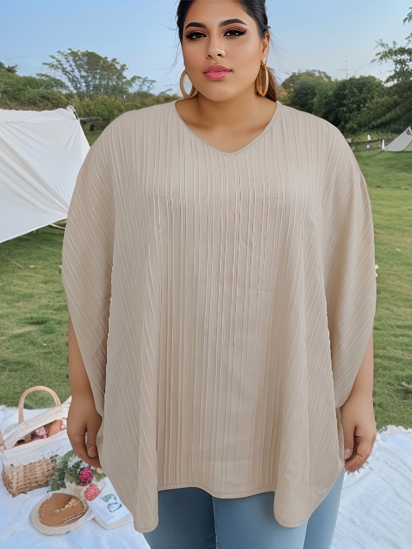  Casual Blouse Women's Ribbed Bat Sleeve V Neck Loose Blouse