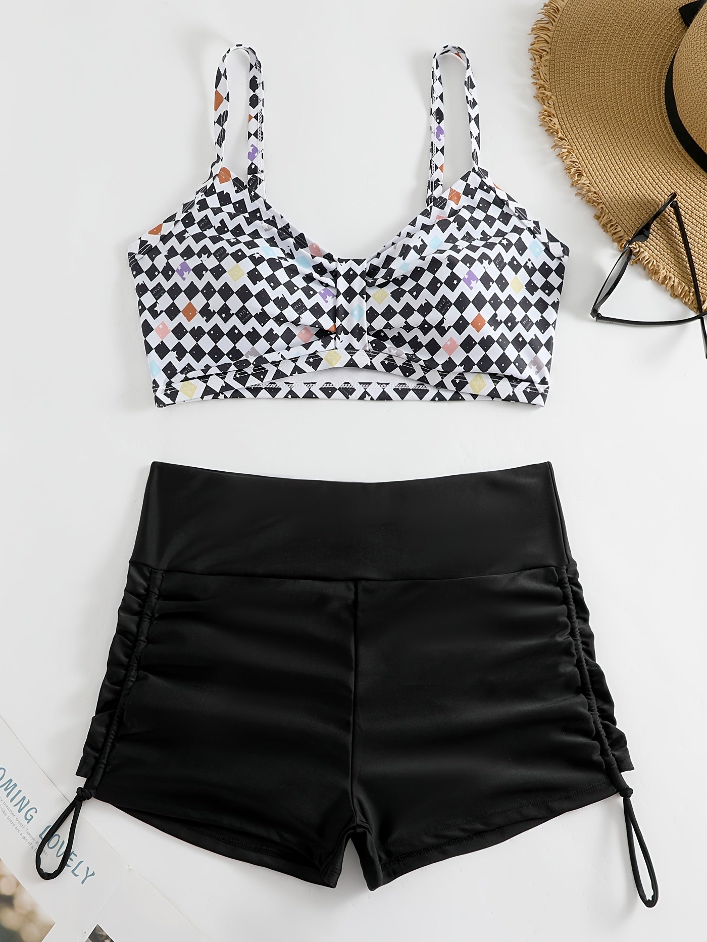  Checkered Print Bikini Set V Neck Ruched Bra & Lace Up Shorts Swimsuit