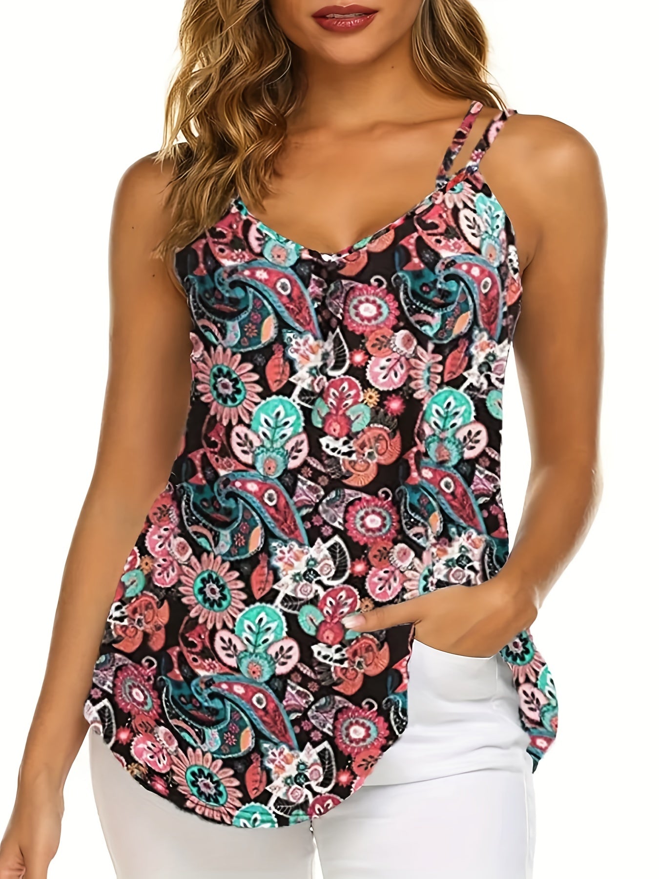  Boho Cami Top Women's Plus Paisley Print Split Strap Cut Out Cami Top