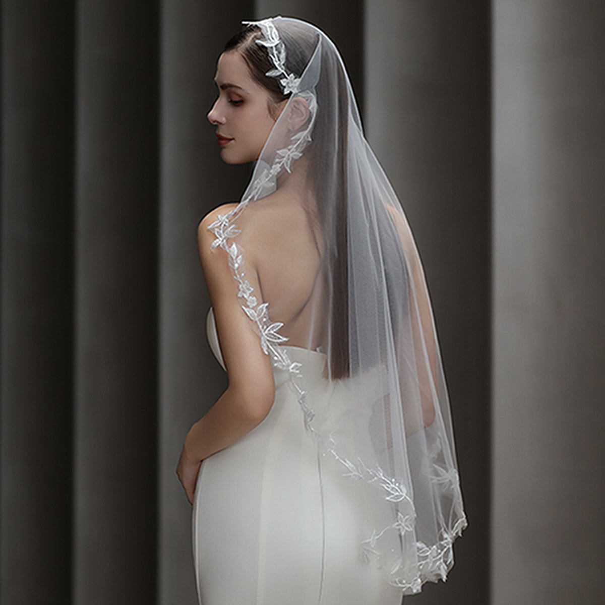 Tulle Cathedral Bridal Veil with Floral Embroidery