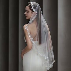 Tulle Cathedral Bridal Veil with Floral Embroidery