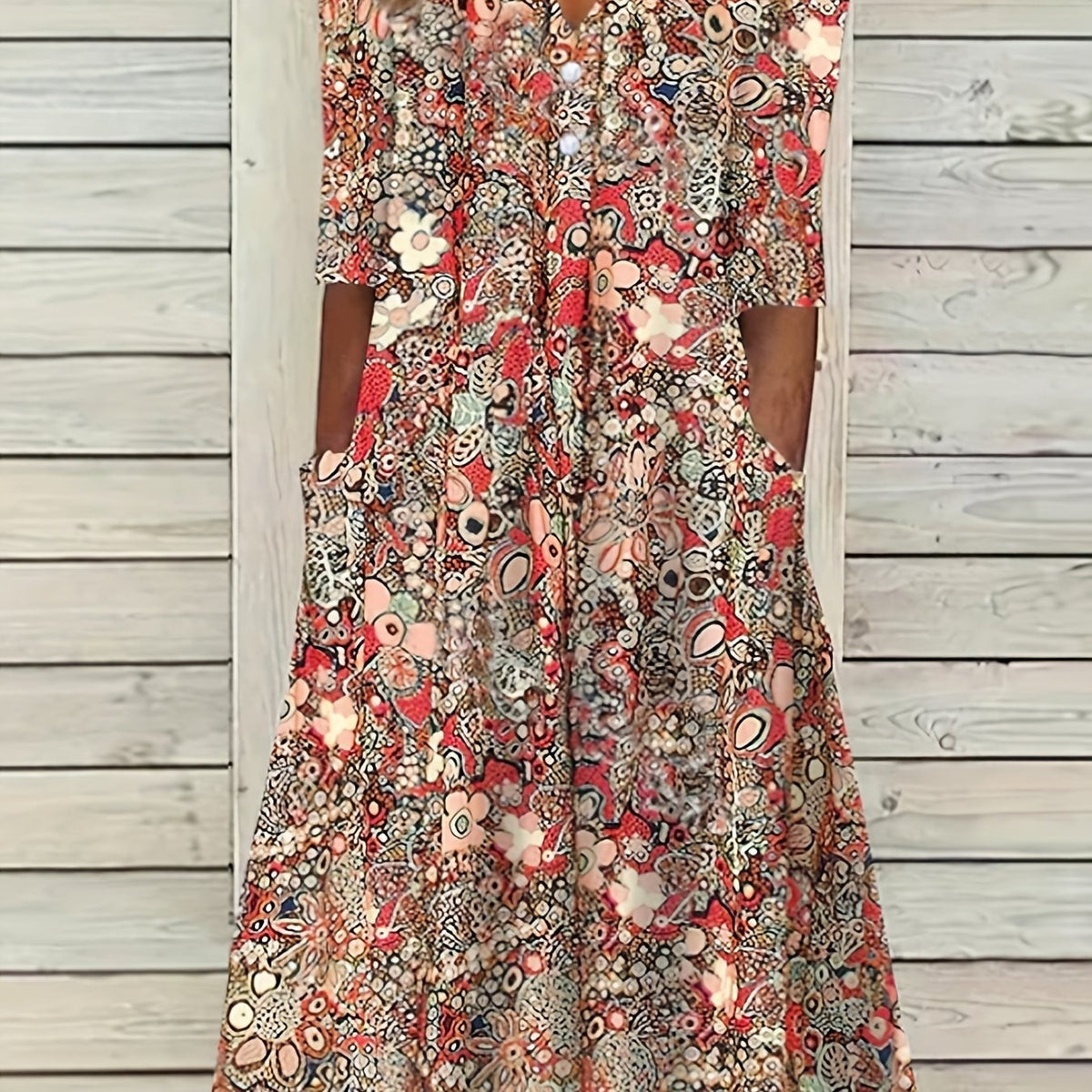  Allover Floral Print Short Sleeve Notched Neck Dress With Pockets