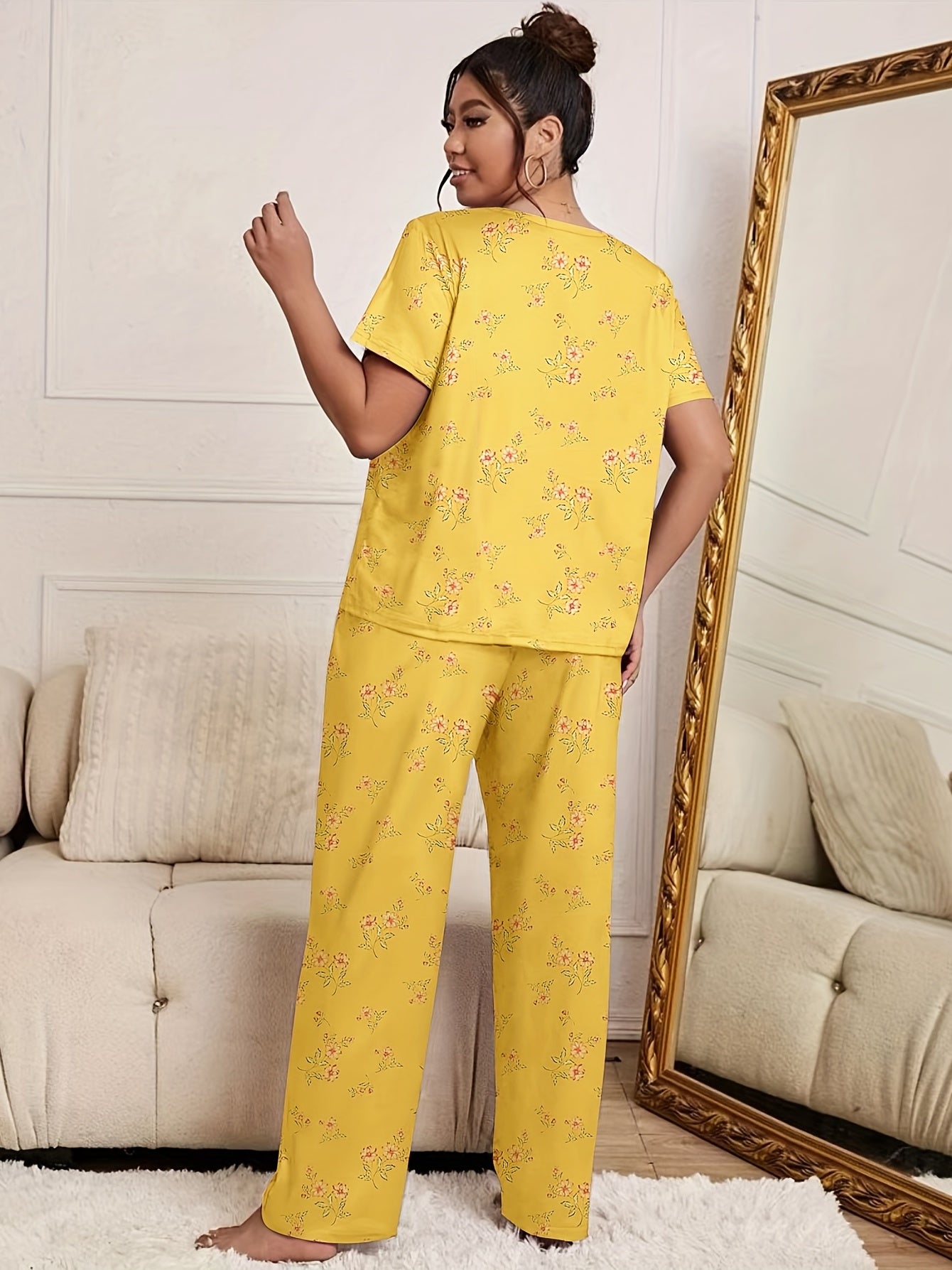  Floral Print Pajama Set Short Sleeve Top & Pants Two Piece Set