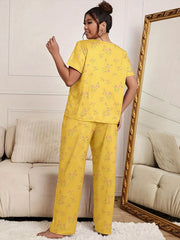  Floral Print Pajama Set Short Sleeve Top & Pants Two Piece Set