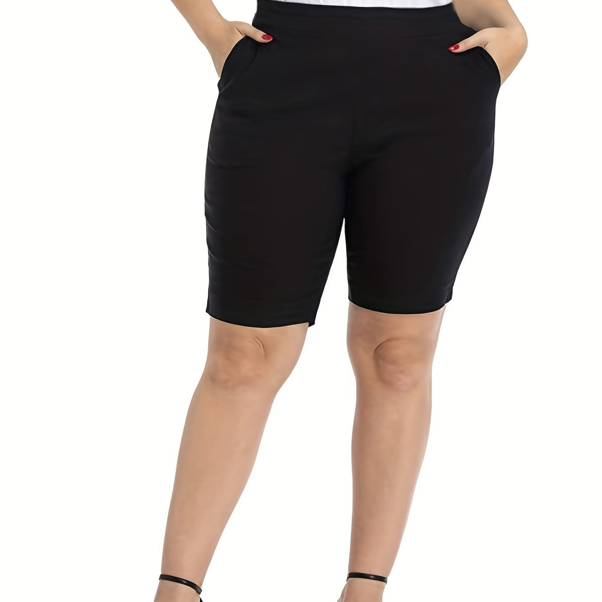  Shorts Women's Plus Solid Color Elastic Waist Shorts With Pockets