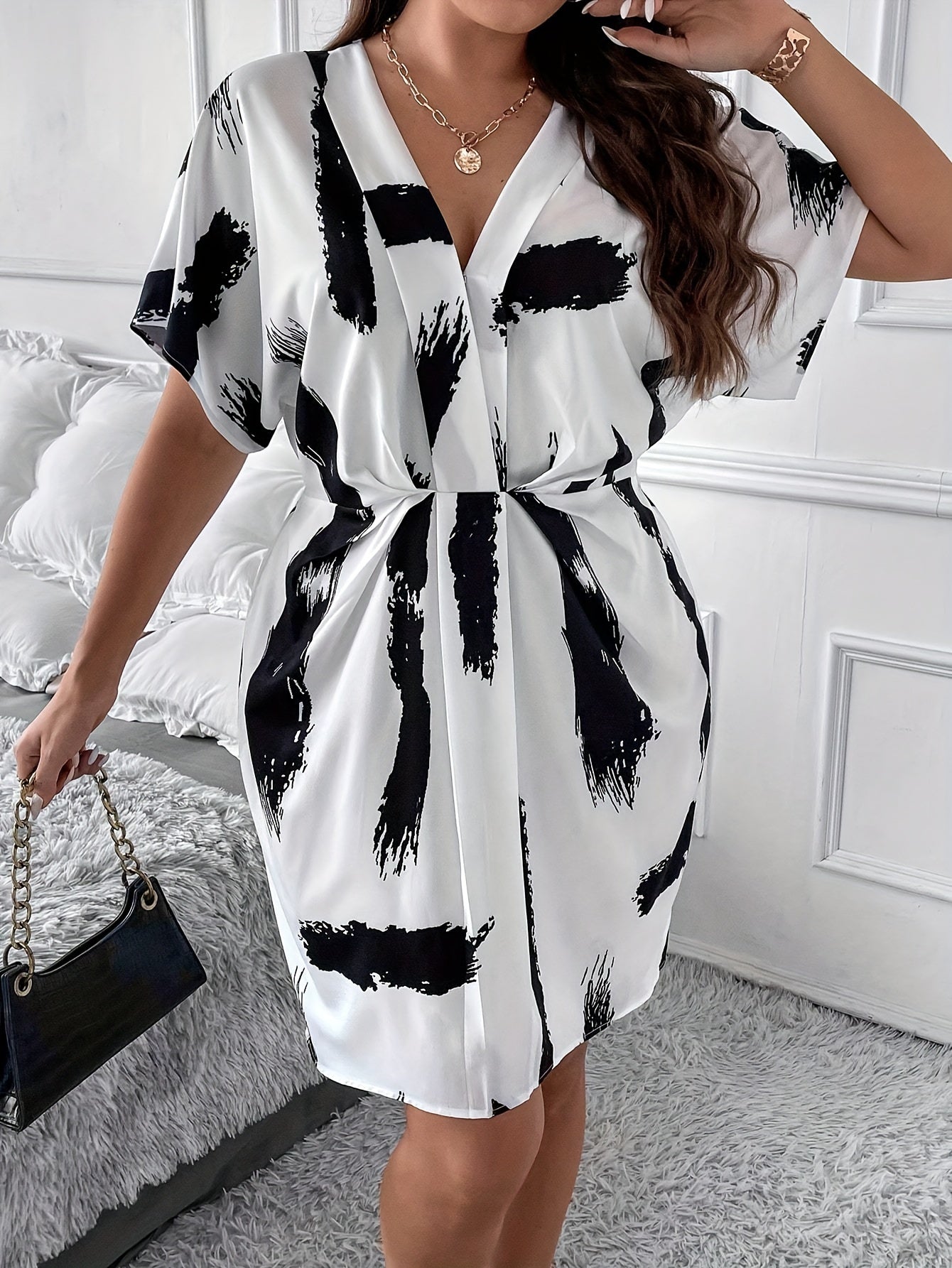  Casual Dress Women's Plus Brush Print Batwing Sleeve Deep V Neck Dress