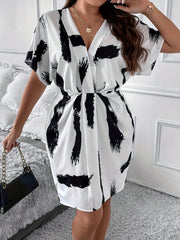  Casual Dress Women's Plus Brush Print Batwing Sleeve Deep V Neck Dress