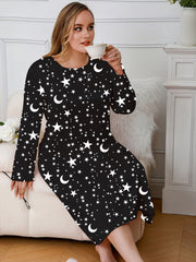  Star & Moon Print Long Sleeve Nightdress