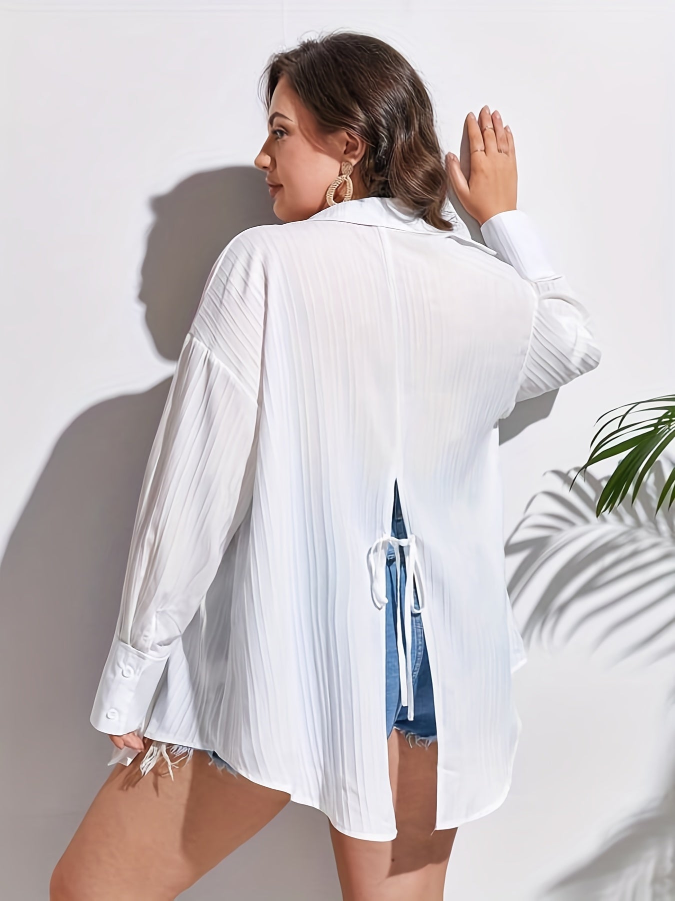  Solid Textured Long Sleeve Button Up Blouse