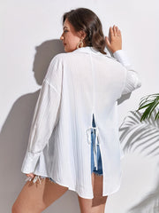  Solid Textured Long Sleeve Button Up Blouse