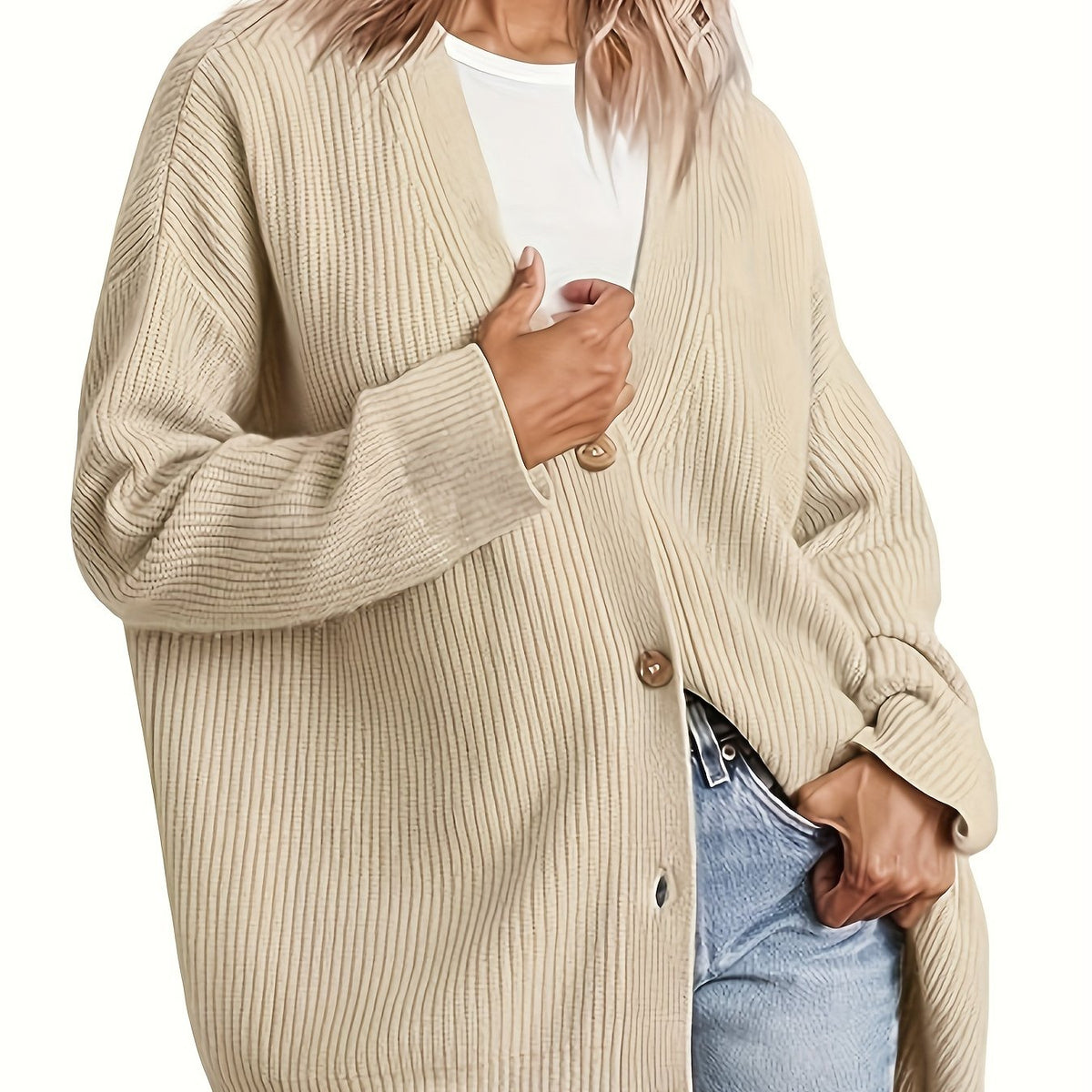  Solid Ribbed Button-Up Cardigan