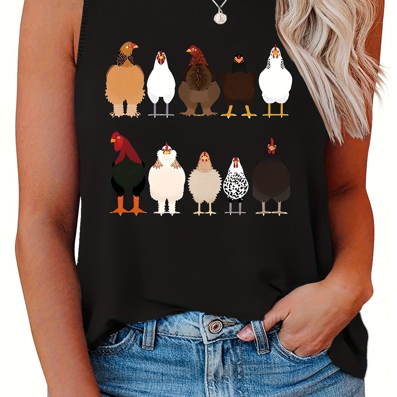  Chicken Print Tank Top Round Neck Casual Slight Stretch