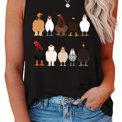  Chicken Print Tank Top Round Neck Casual Slight Stretch