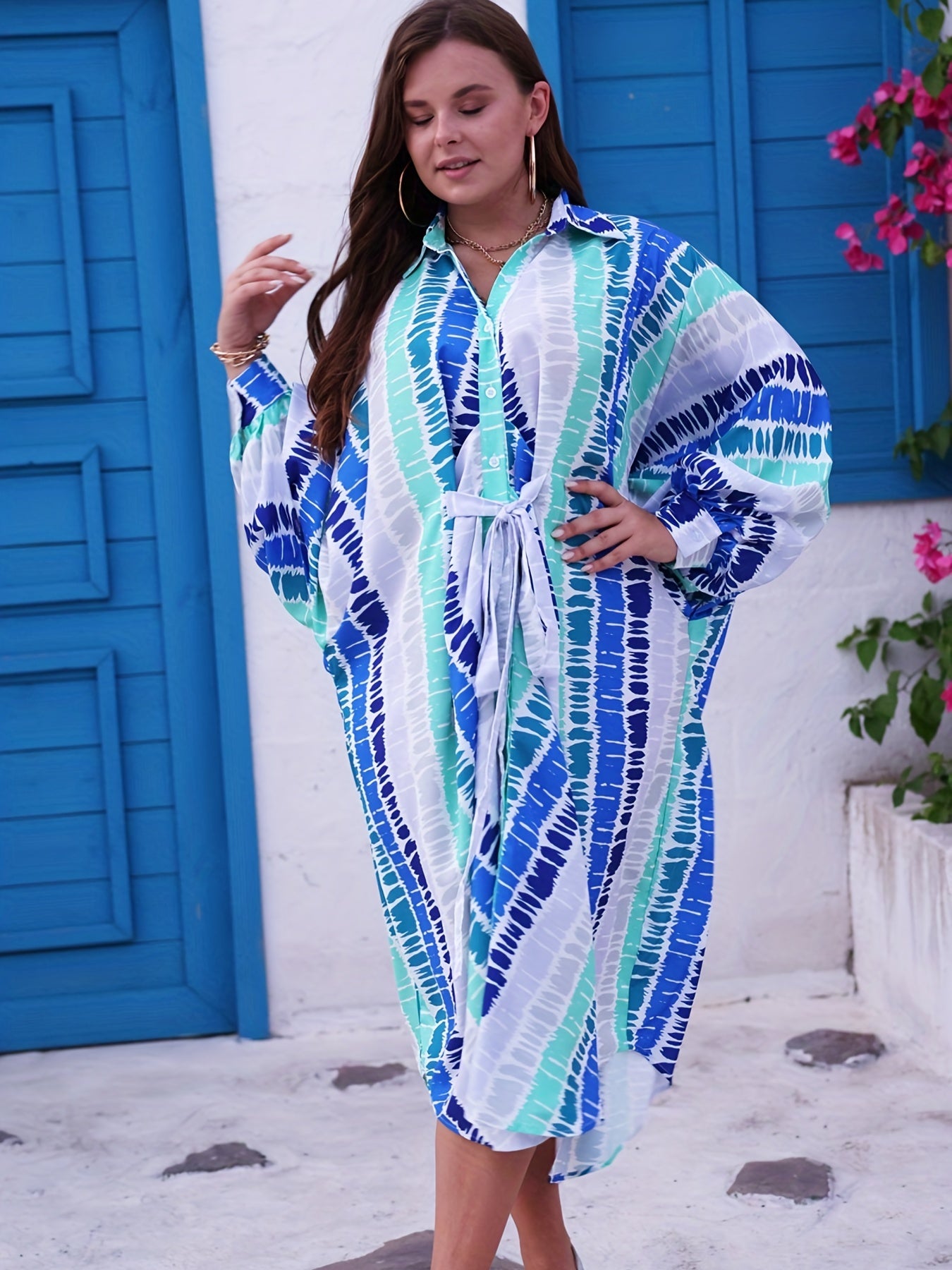 Women's Plus Tie Dye Bat Sleeve Button Up Oversized Maxi Dress