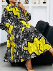  Colorblock Geometric Print Lantern Sleeve Midi Dress