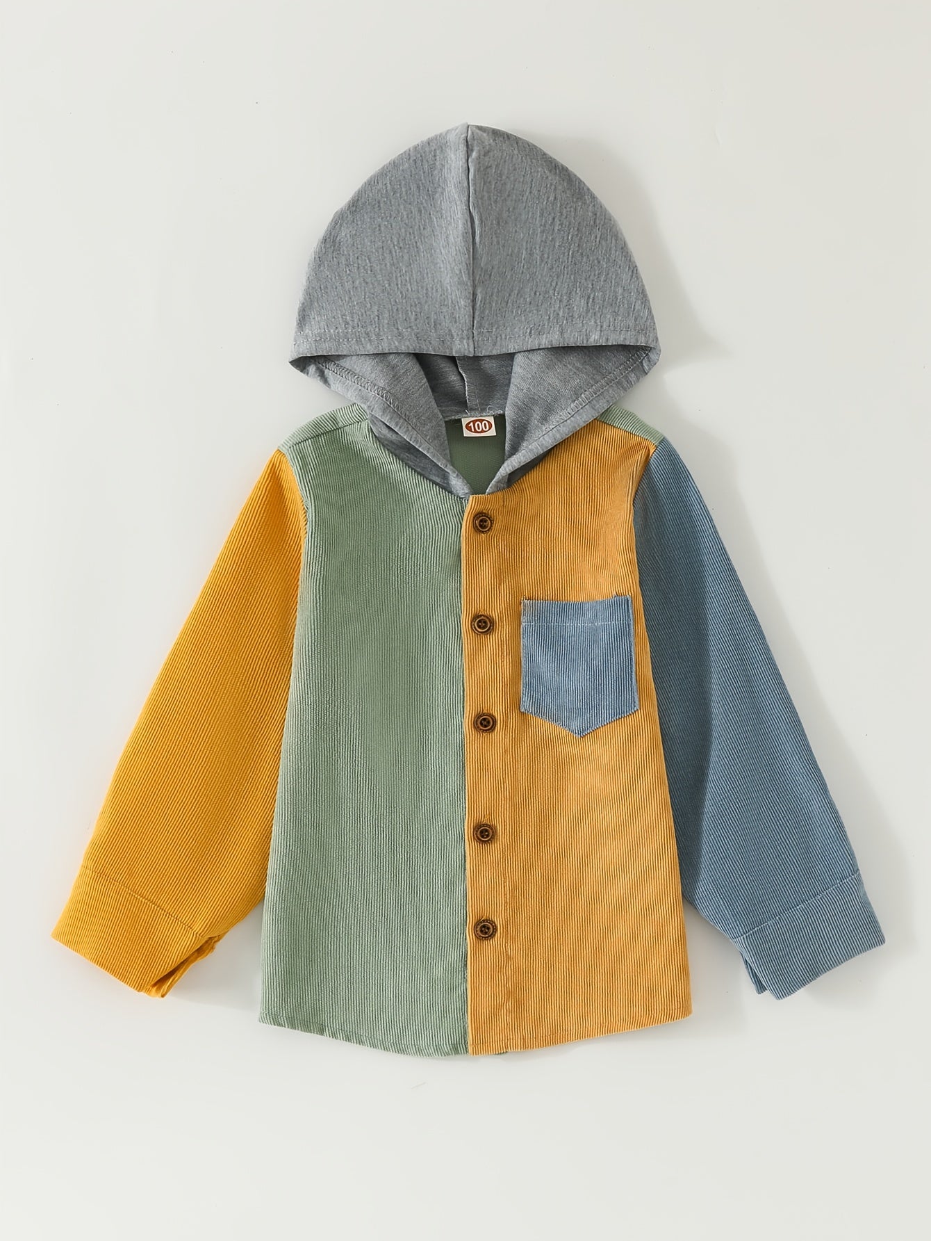 Boys Corduroy Hooded Jacket Long Sleeve Button Down for Spring Fall