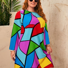  Colorblock Geometric Print Round Neck Tee Dress