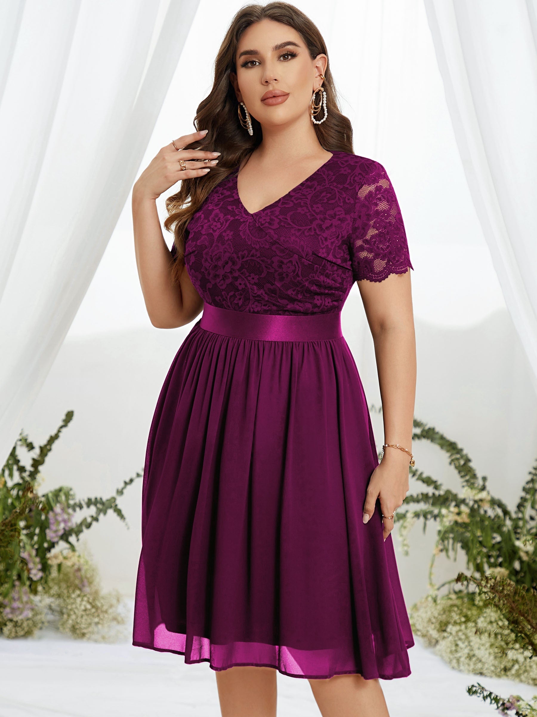  Party Dress Women's Plus Solid Contrast Lace Short Sleeve V Neck