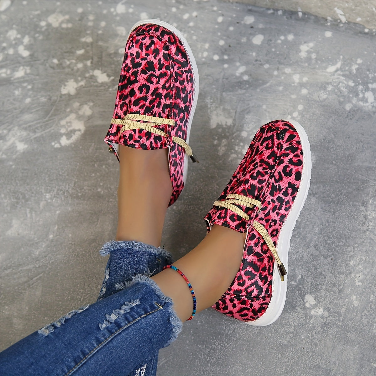 Leopard Print Canvas Lace Up Flat Shoes for Women
