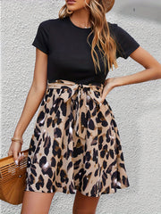 Leopard Print Short Sleeve Dress Crew Neck Belted Casual Dress