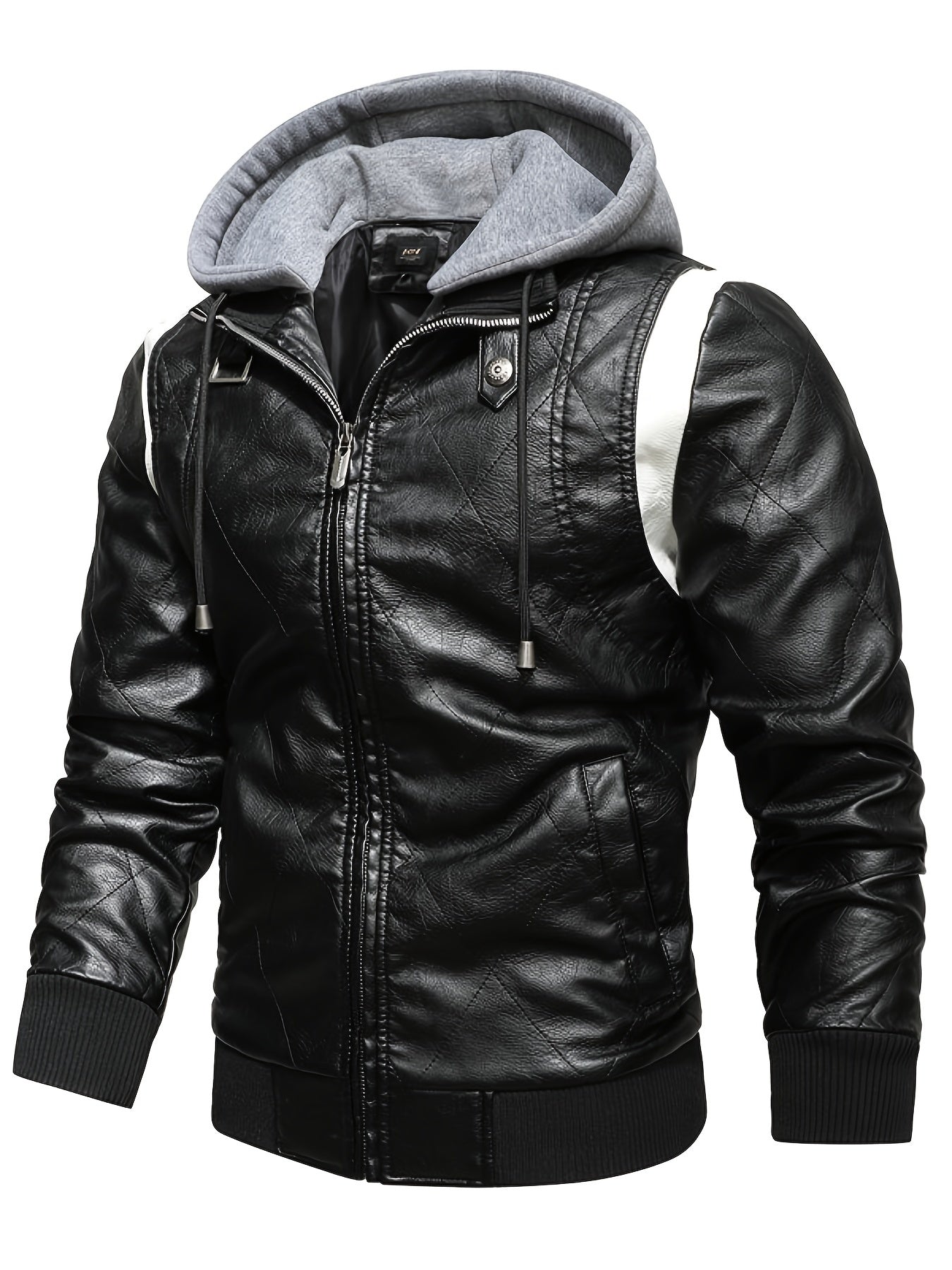 Men's Slim Fit Winter Splice Pu Leather Hooded Jacket Coat