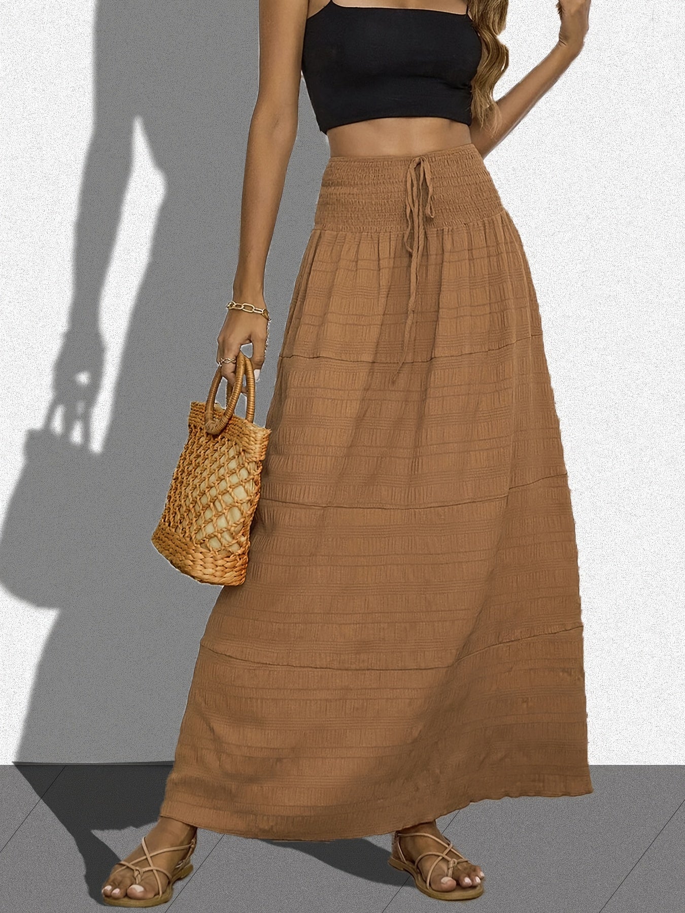  Solid Crinkle Shirred Waist Maxi Skirt