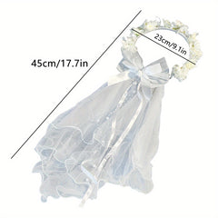 Short Wedding Veil with Floral Headband Sheer Lace Bridal Veil Flowers & Bow