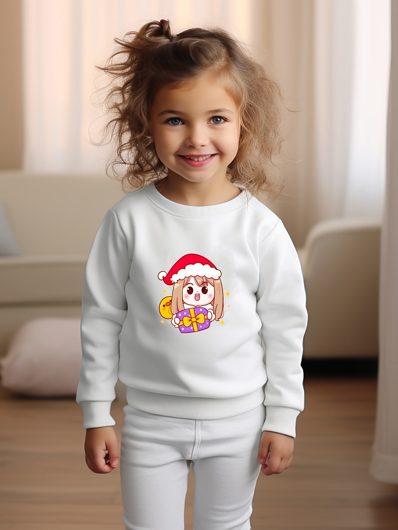 Cartoon Girls With Santa Hat Graphic Crew Neck Sweatshirt