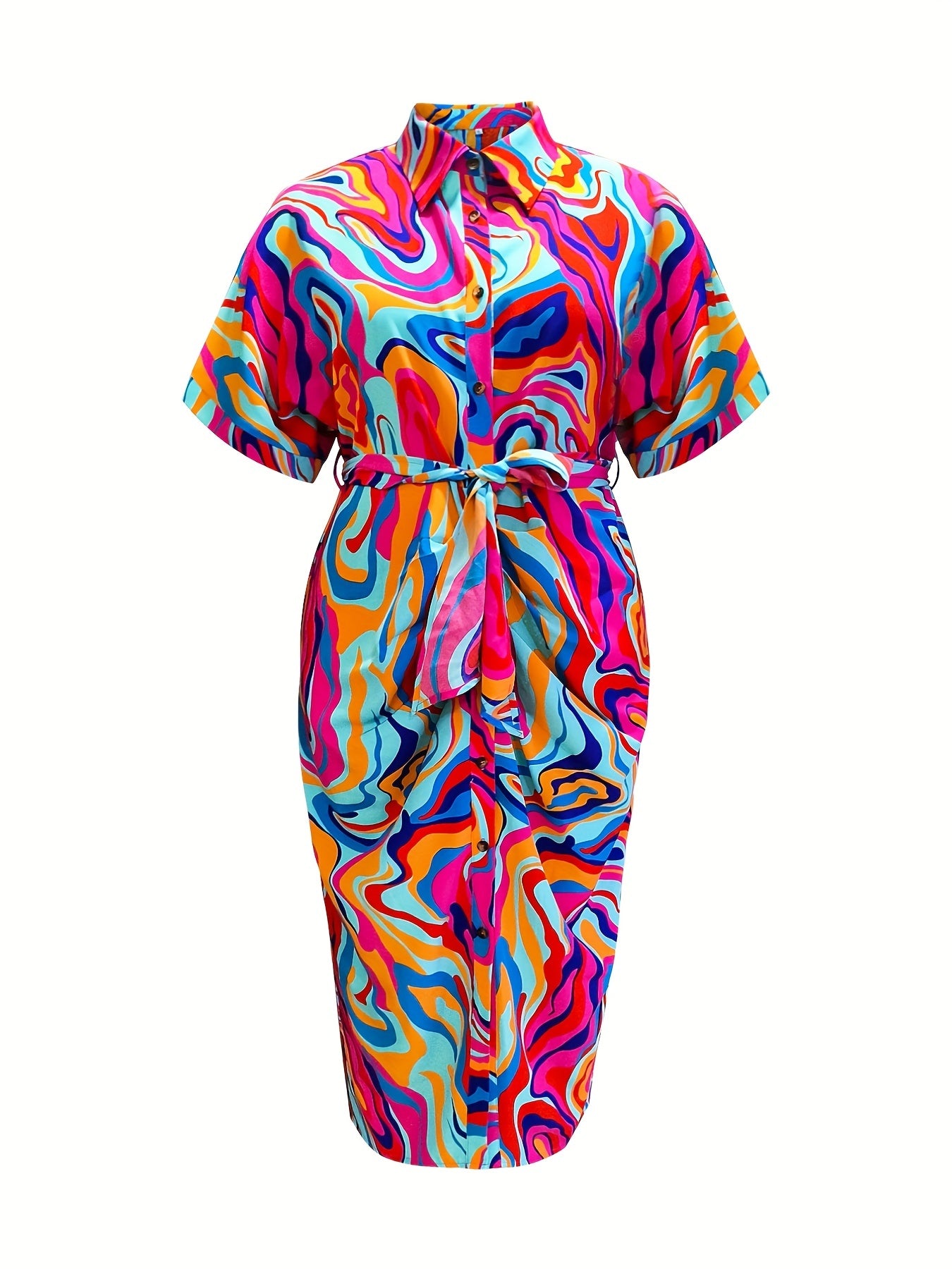  Abstract Print Polo Neck Shirt Dress With Pockets