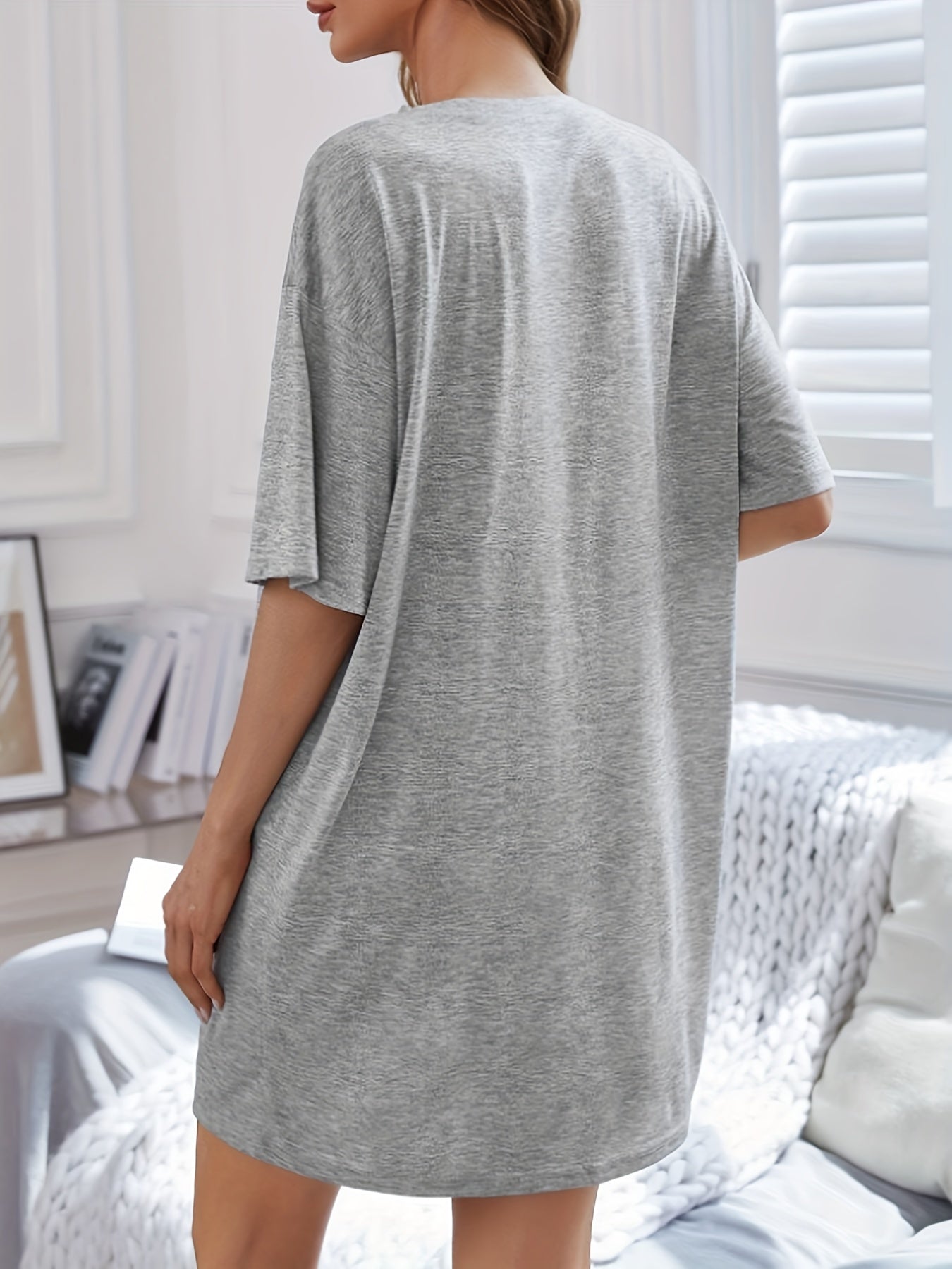 Cup & Letter Print NightDress Short Sleeve Crew Neck Pajama Dress
