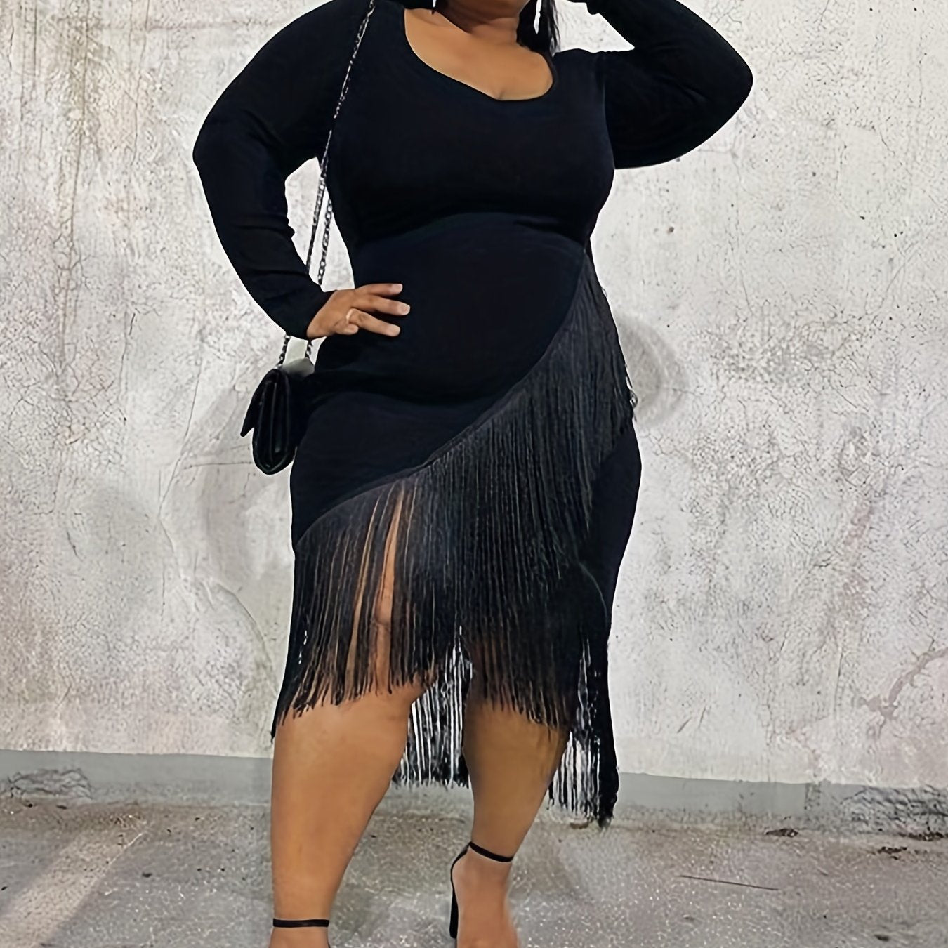  Solid Long Sleeve Fringe Trim Casual Dress
