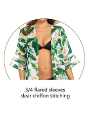 Floral Leaf Print Mesh Cardigan Cover Up Chiffon 3/4 Sleeve Beach Coverup