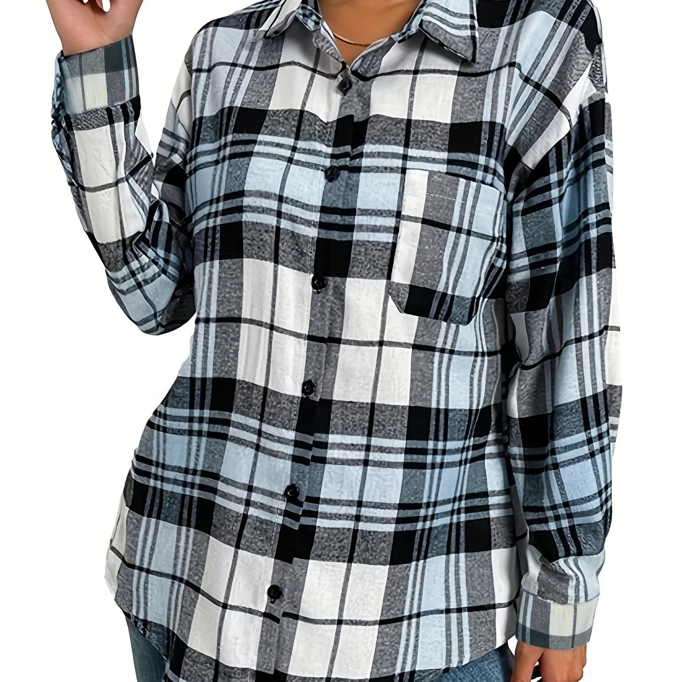  Plaid Print Long Sleeve Button Up Collar Shirt