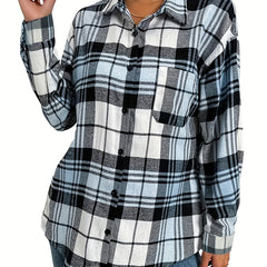  Plaid Print Long Sleeve Button Up Collar Shirt